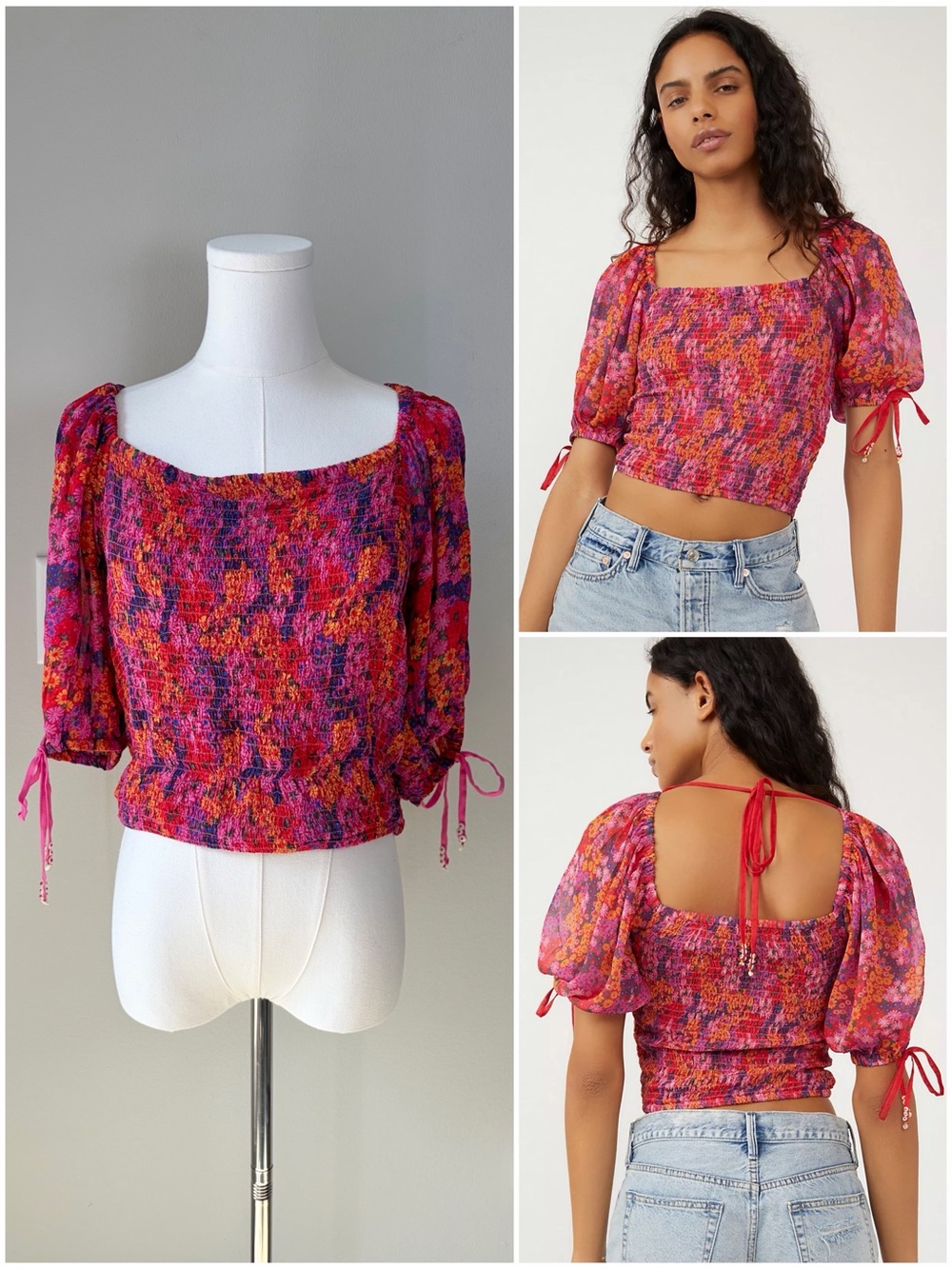Free People Back On Top Puff Sleeve Smocked Blouse in Hot Pink Combo